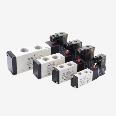 شیر برقی پنوماتیک Airtac 4V110-M5 5/2 Way با پایلوت داخلی، پورت رزوه M5، حفاظت IP65، فشار کاری 0.15-0.8Mpa، فشار اثبات 1.2Mpa، بدون نیاز به روانکاری