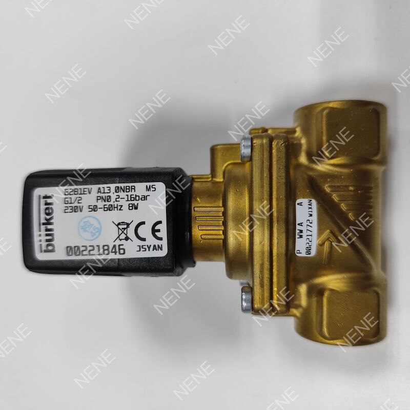 شیر برقی دمای بالا AC220V، مدل BURKERT 6281 00221870، رزوه G3/8، 2/2، به طور معمول بسته، بدنه برنجی، روزنه 13.0، آب‌بند FKM، توان 8 وات، فشار 0.2 تا 16 بار، دمای 0 تا +120 درجه سانتی‌گراد